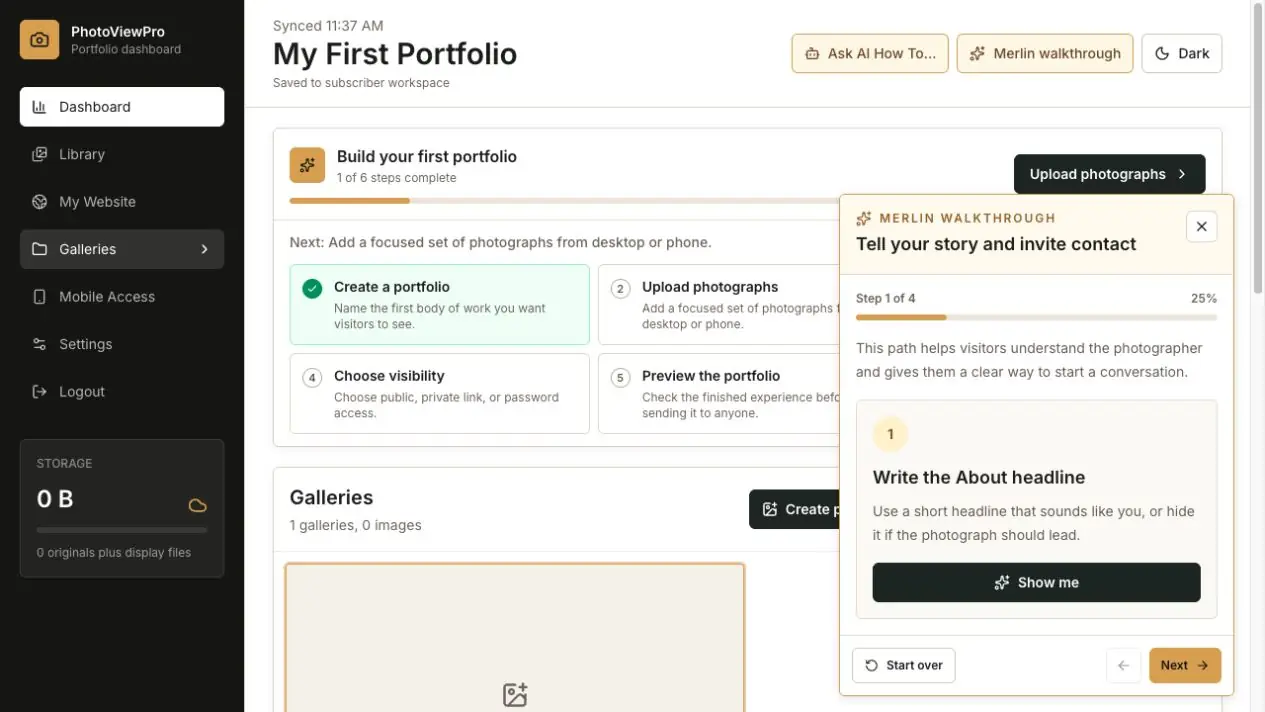 PhotoView published photography site showing About and Contact content