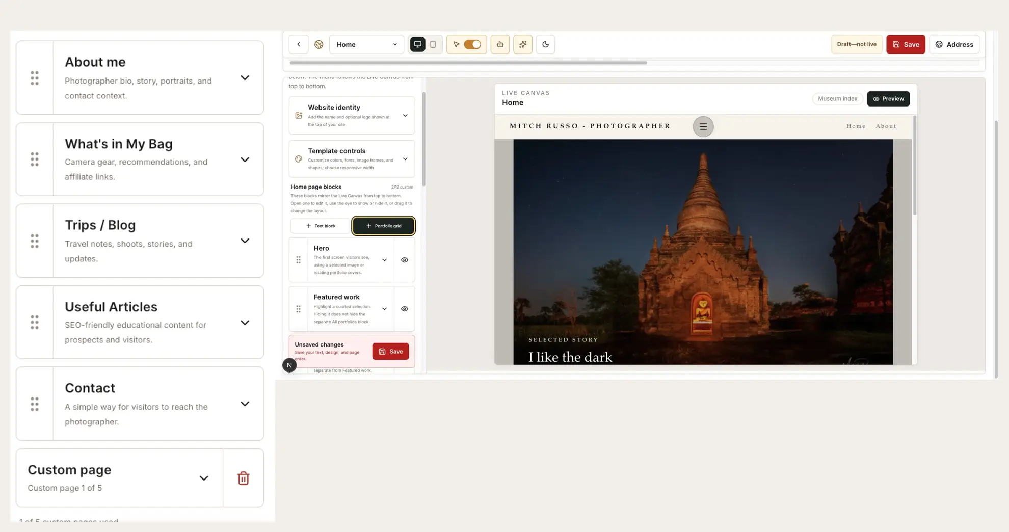 Comparison showing custom homepage sections and the resulting PhotoView photography site