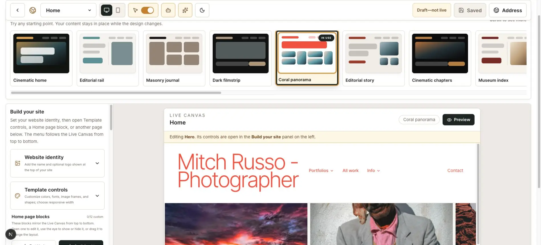 PhotoView website builder displaying the Coral Panorama photography template