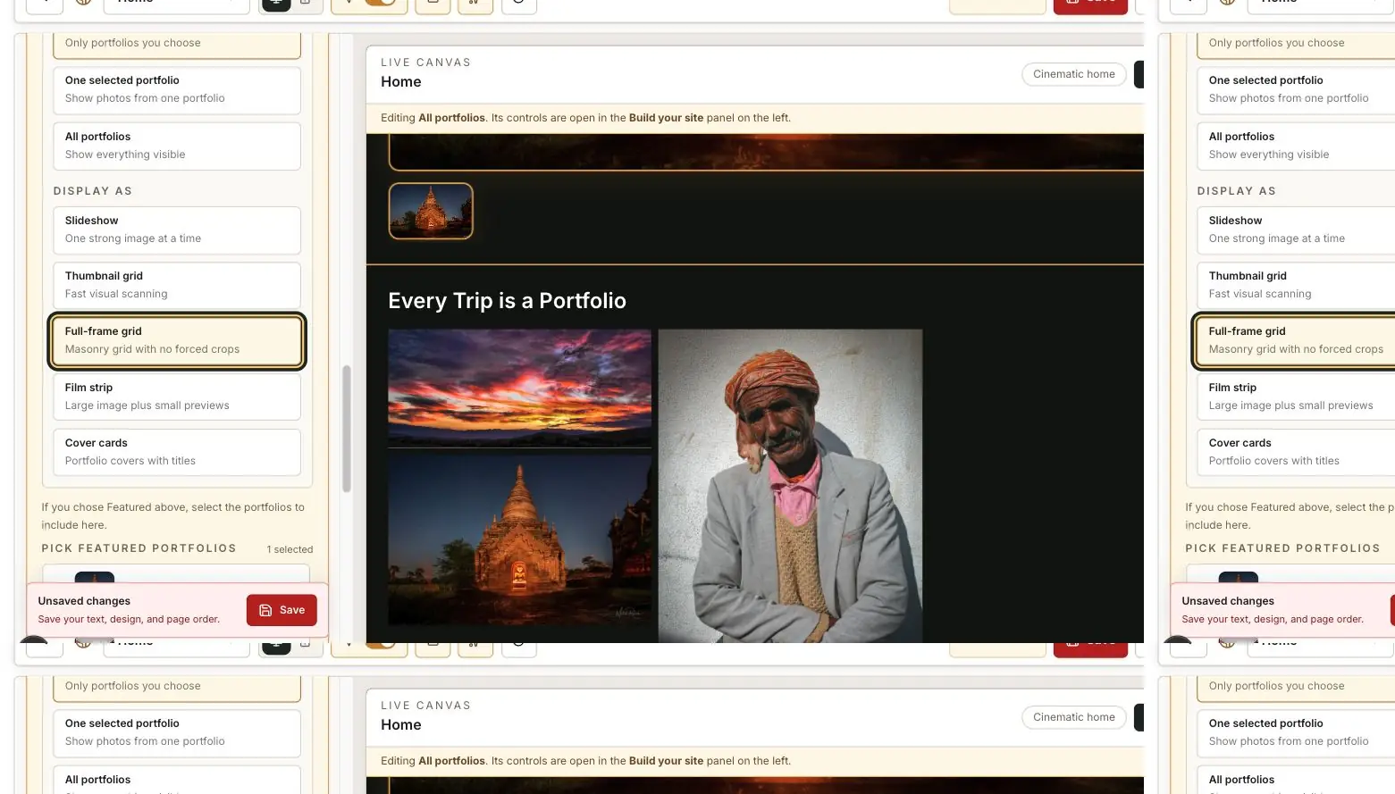 PhotoView Featured Work controls with Full-frame grid selected and mixed-orientation photographs in the Live Canvas
