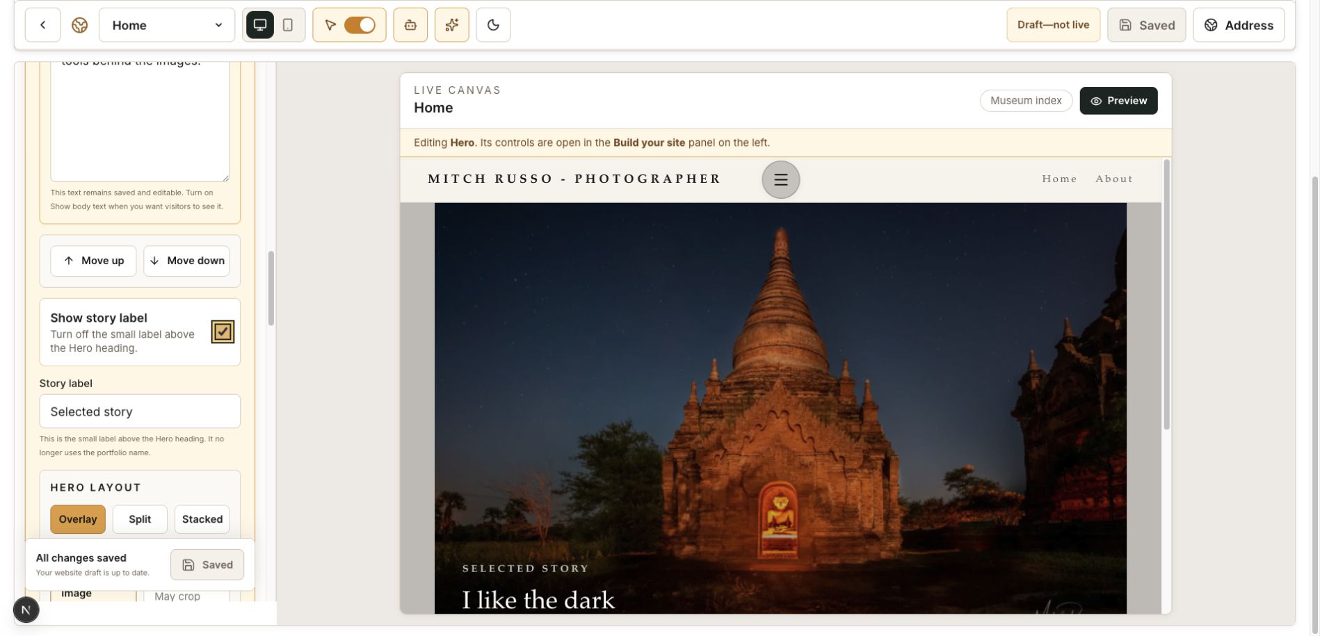 PhotoView Hero settings with the Show story label switch and the resulting hero image