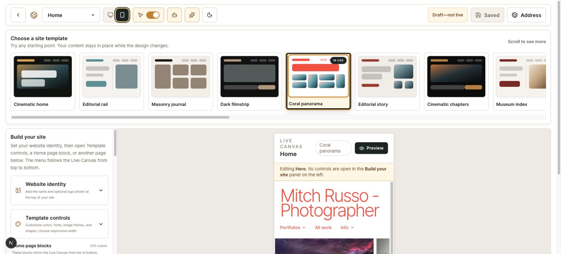 PhotoView website builder showing the Coral Panorama template in the mobile Live Canvas