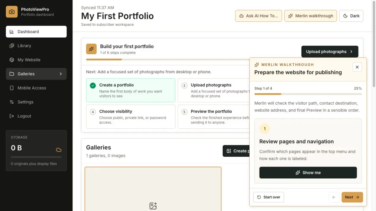 PhotoView guided publishing screen for a subscriber website