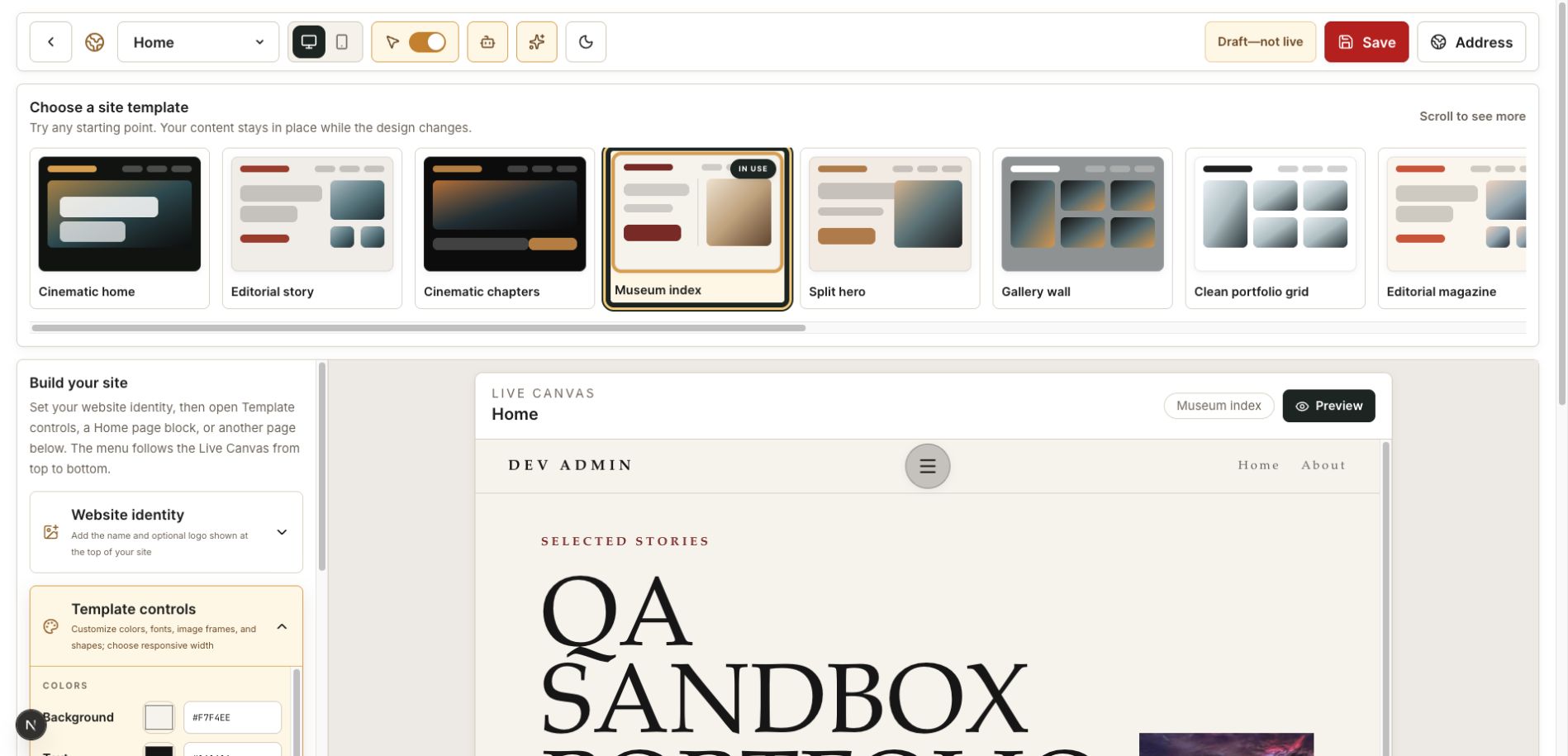 PhotoView website editor showing a photography site identity above a large hero image